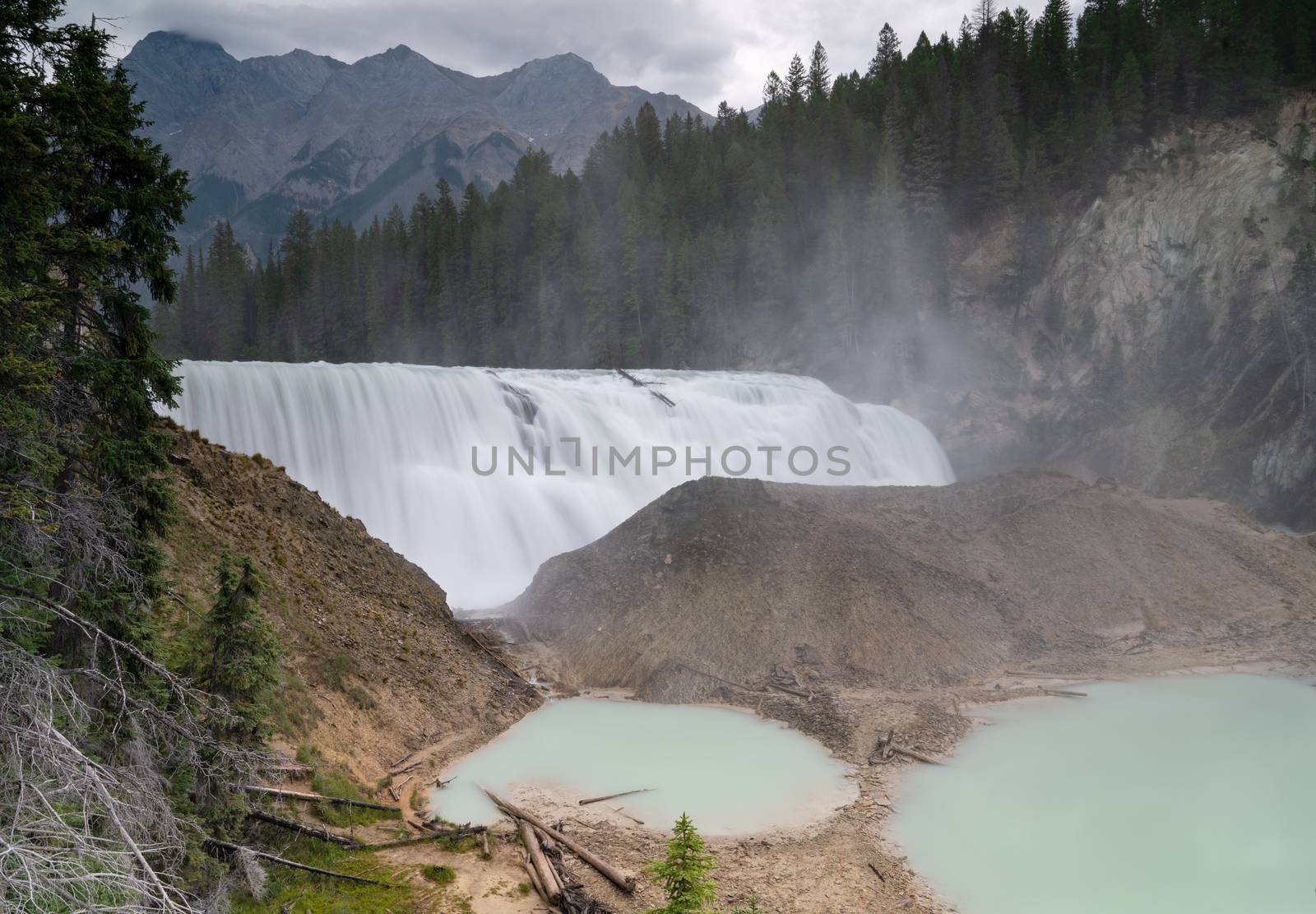 Panoramic image of the Kicking Horse river cascading on the Wapta Falls, Yoho National Park, British Columbia, Canada