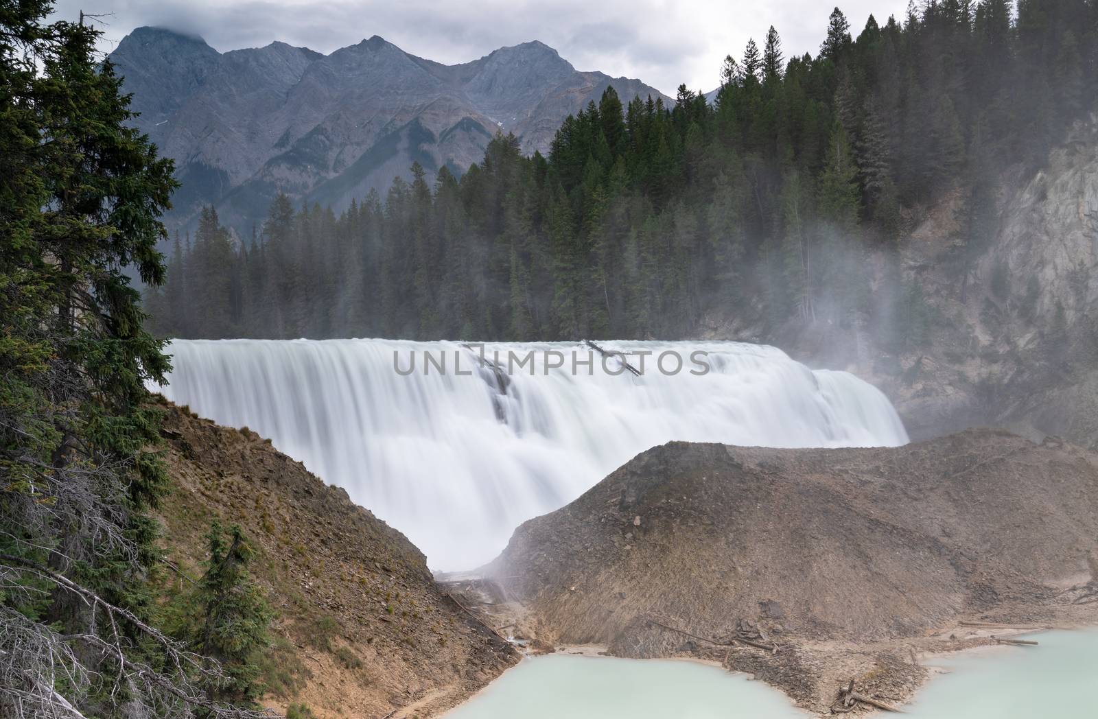 Panoramic image of the Kicking Horse river cascading on the Wapta Falls, Yoho National Park, British Columbia, Canada