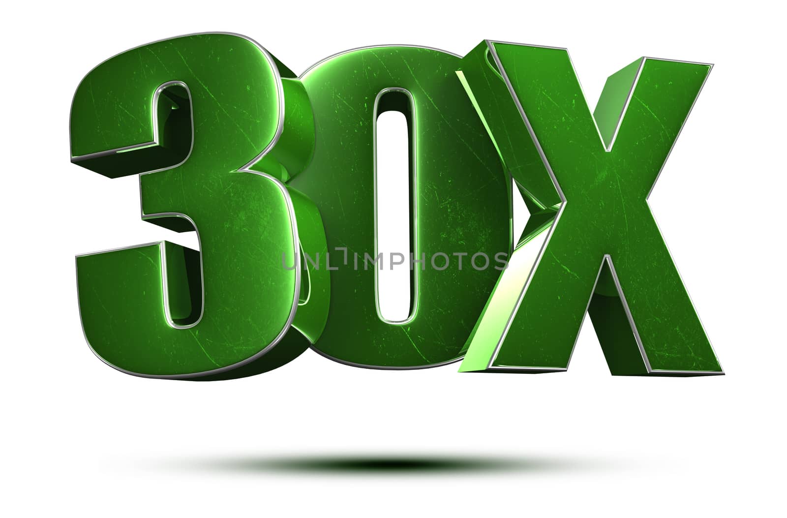 30x green 3d rendering on the white background.(with Clipping Path).