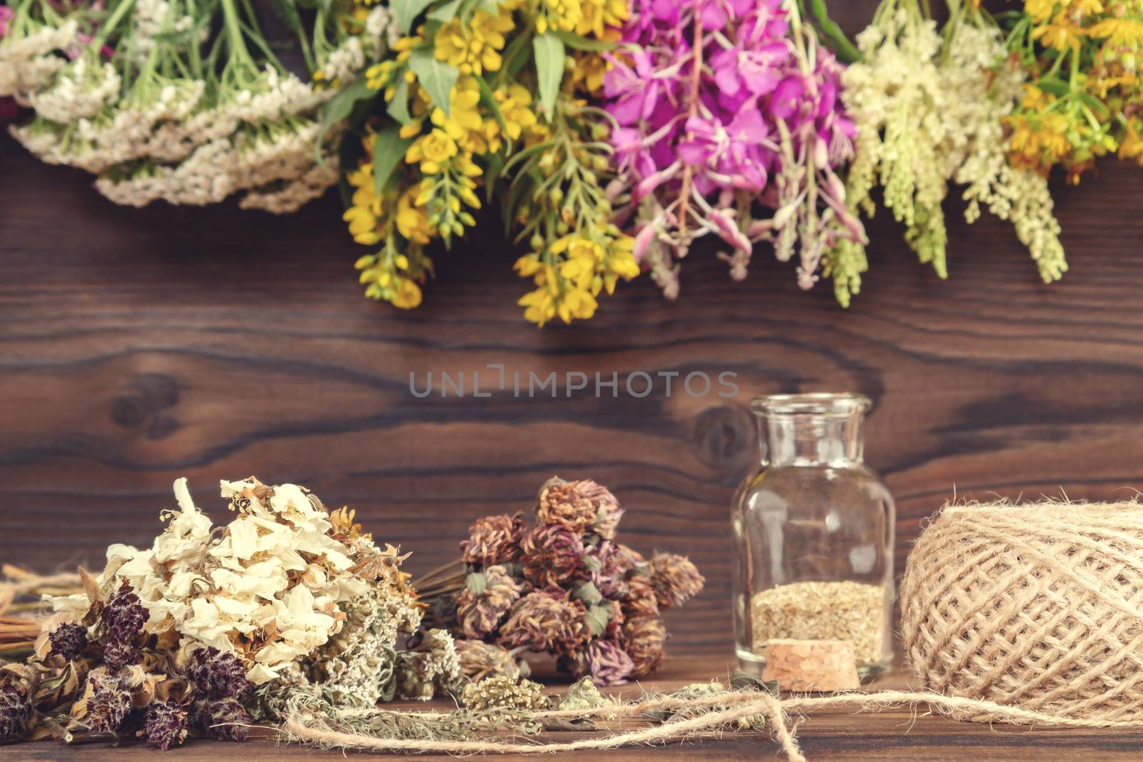 Drying and harvesting of medicinal herbs, homeopathy and alternative medicine concept.