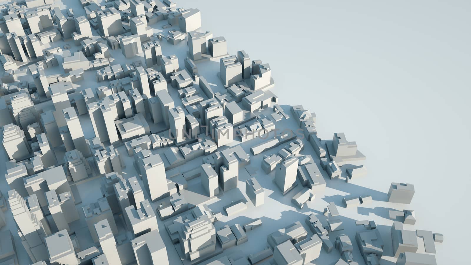 Abstract Modern White City on White Surface, aerial view. 3D illustration