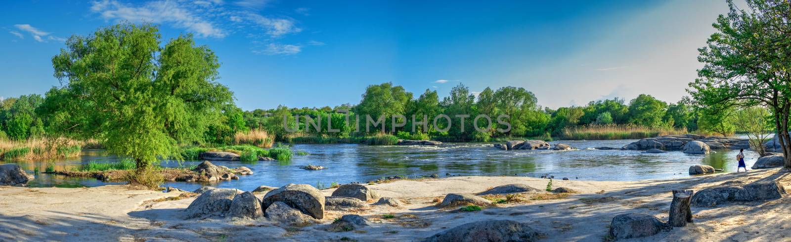 Beautiful view of the Southern Bug River near the village of Migiya on a sunny spring day