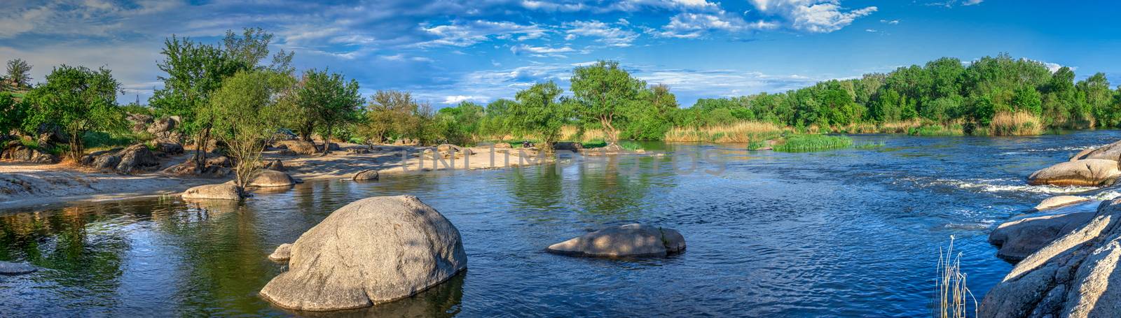 Beautiful view of the Southern Bug River near the village of Migiya on a sunny spring day