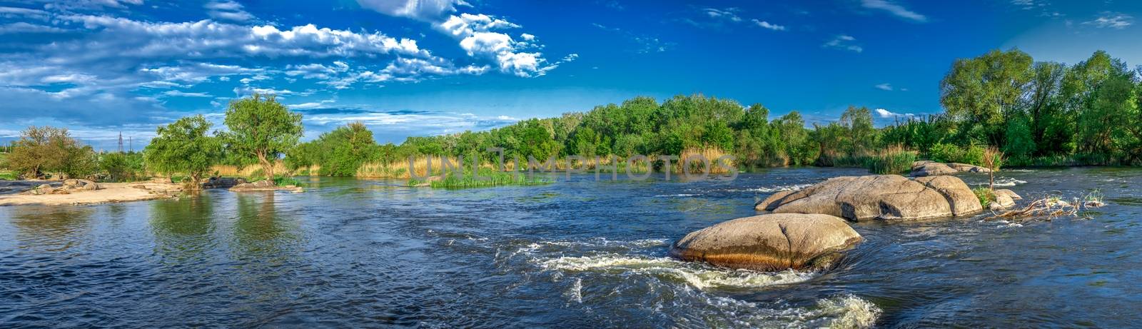 Beautiful view of the Southern Bug River near the village of Migiya on a sunny spring day