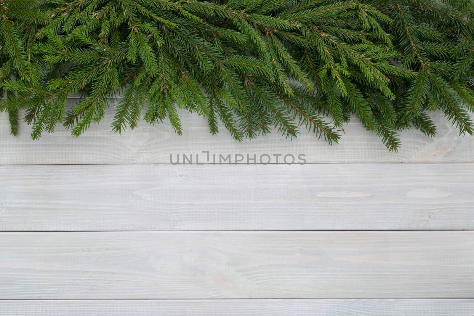 Christmas background with fir branches on white toned natural wooden plank background texture provence style for copy space for text