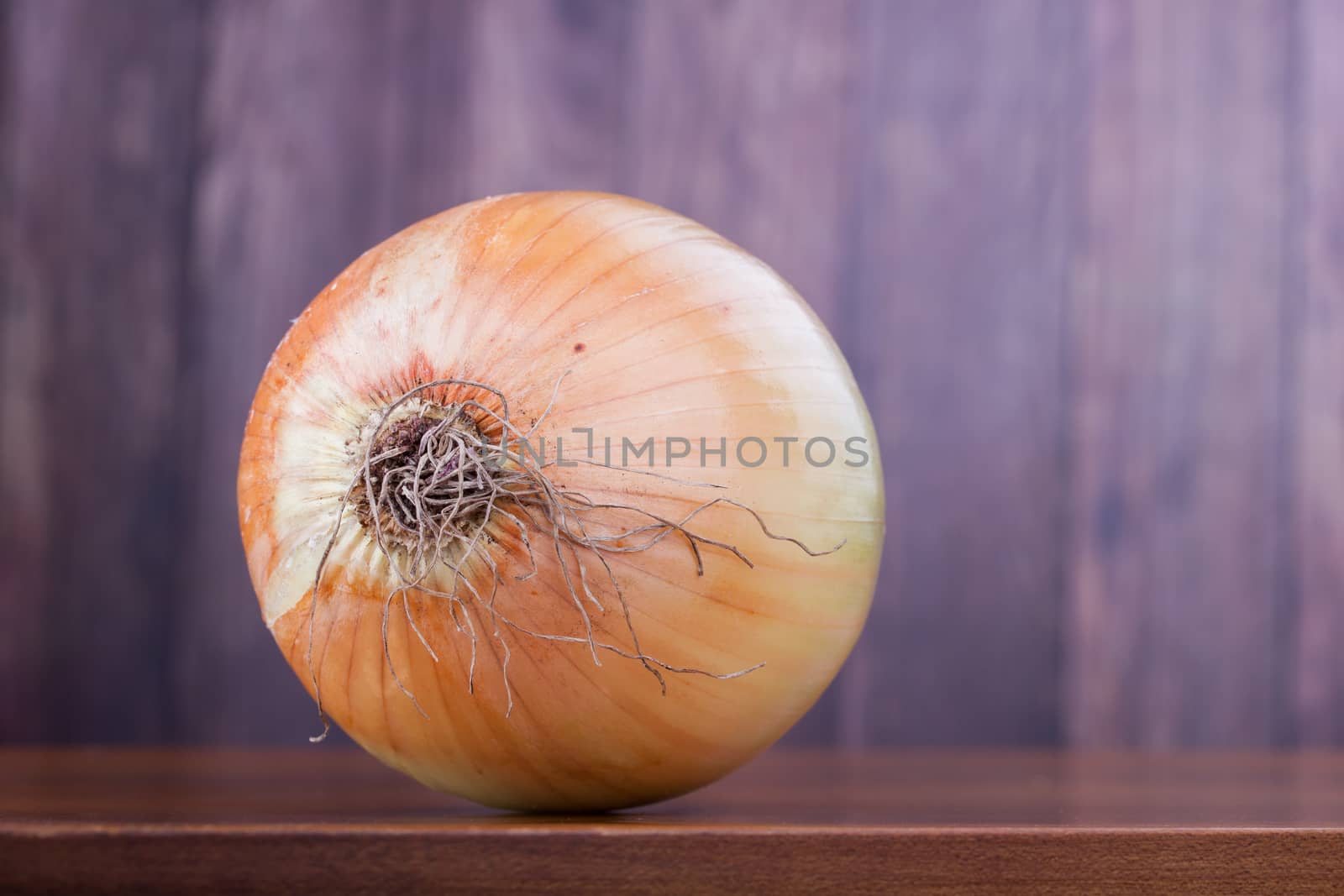 Closeup on a whole fresh onion as food ingredient on a wooden table