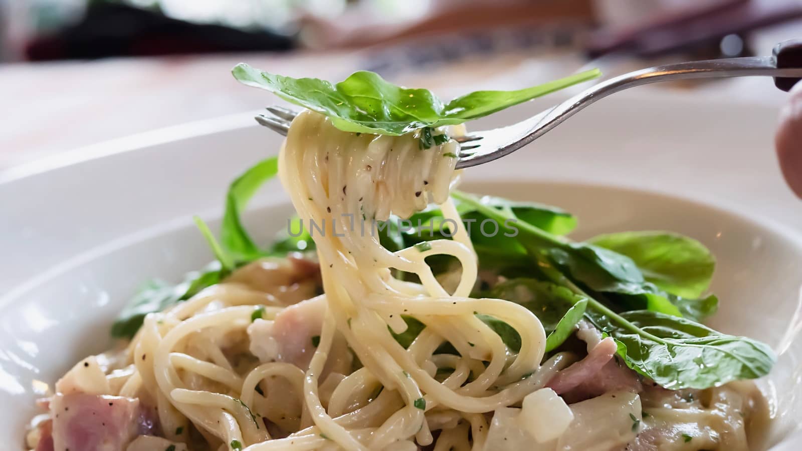 Spaghetti carbonara recipe - famous Italian dish food for background use