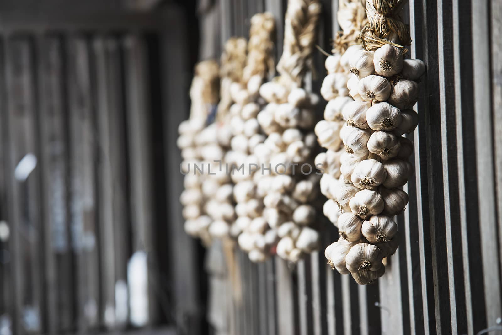 Dry garlic hanging in local kitchen wooden wall - old traditional kitchen Northern Thailand style by pairhandmade