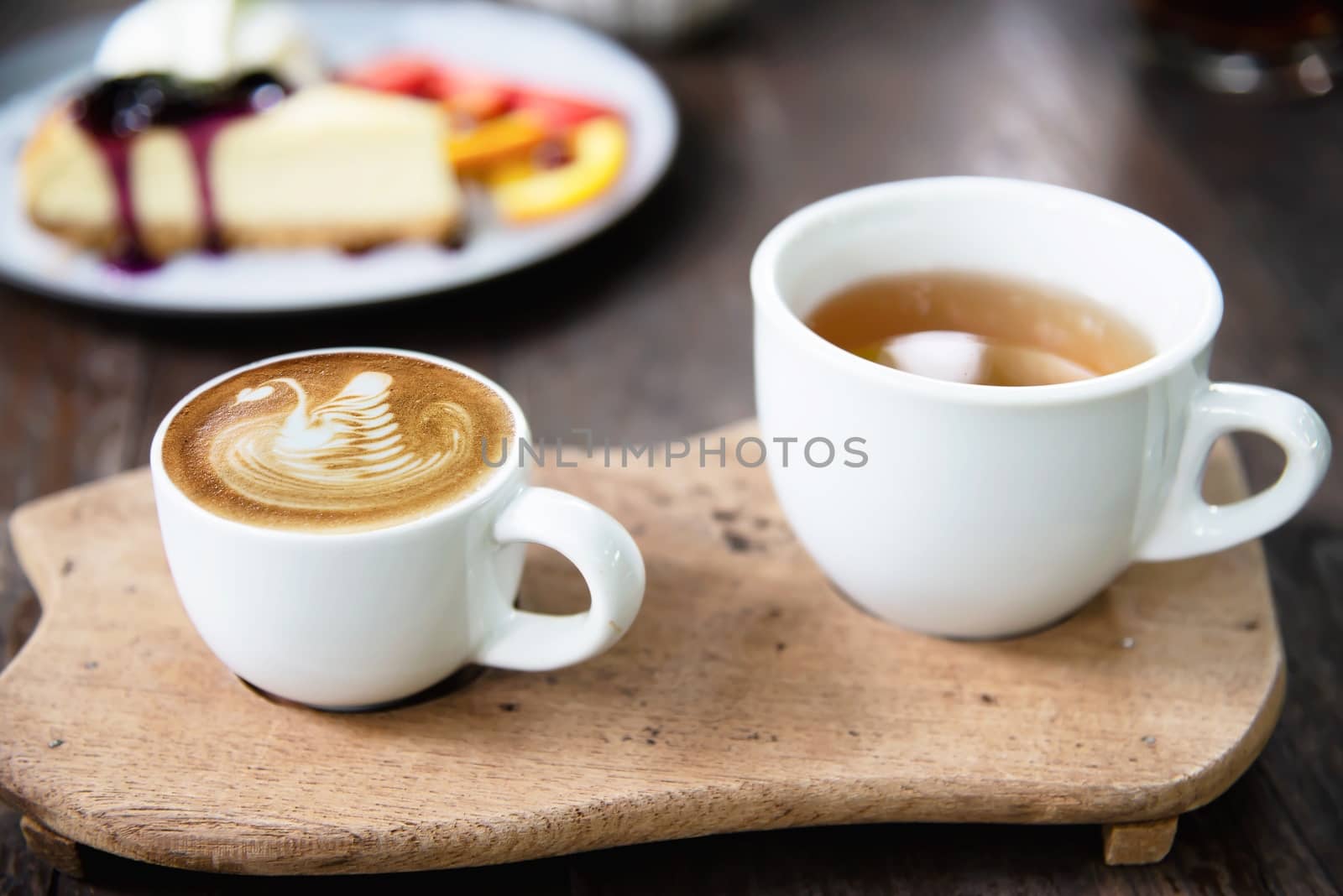 Hot drink coffee and tea set relax recipe background concept - hot drink refreshment background concept