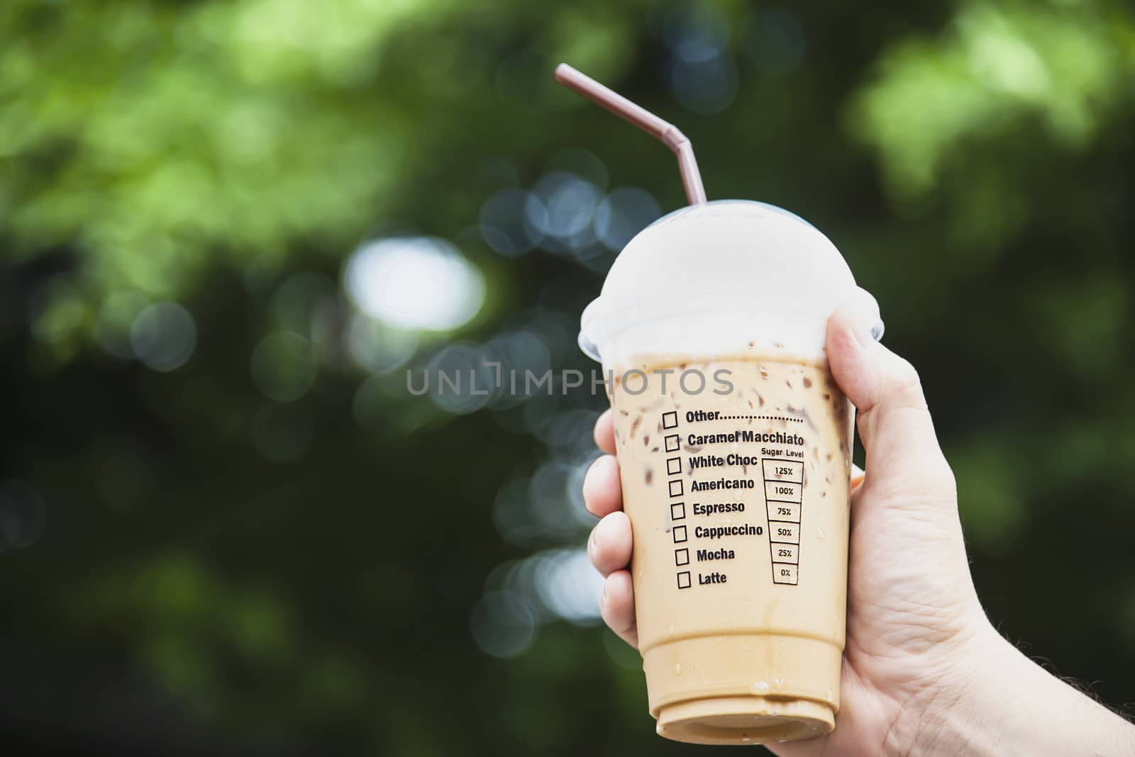 Hand showing fresh ice coffee cup - refreshment with ice coffee cup background concept by pairhandmade