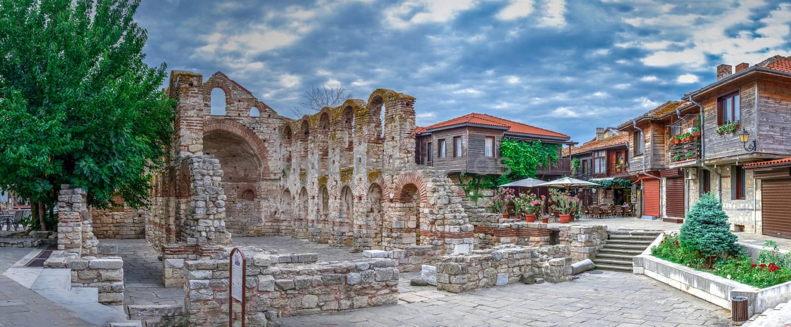 Nessebar, Bulgaria – 07.10.2019.  Ruins of the Saint Sophia Metropolitan church in the old town of Nessebar, Bulgaria, on a cloudy summer morning