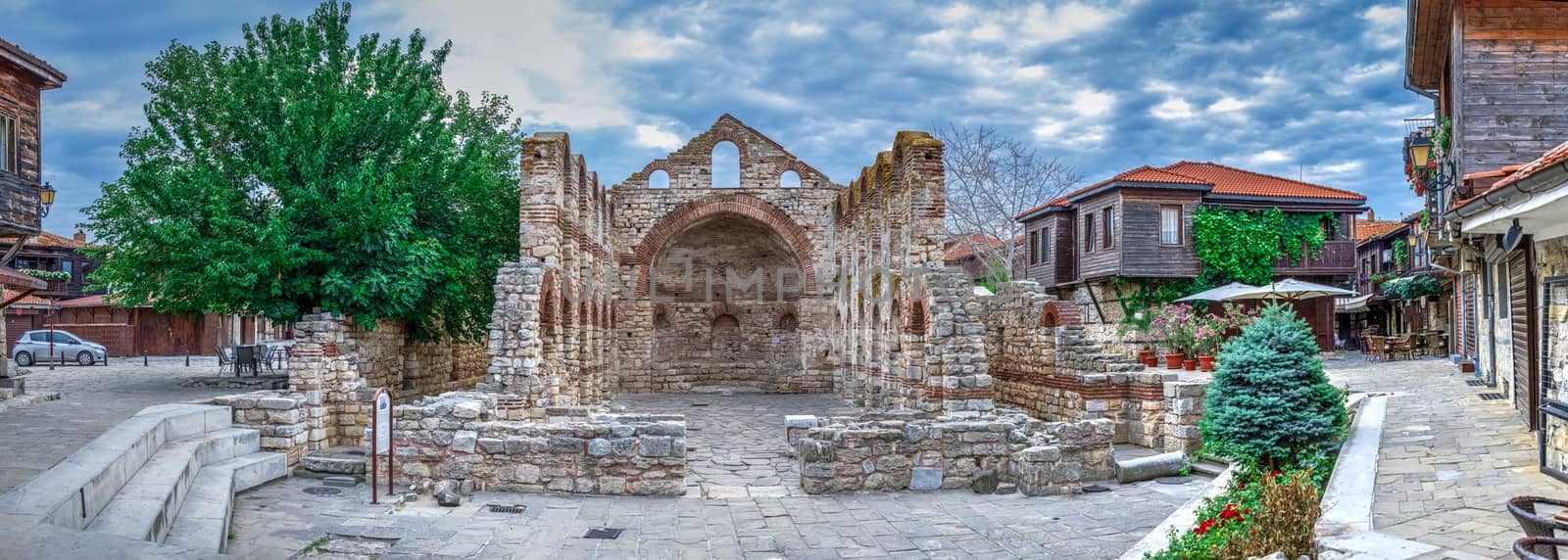 Nessebar, Bulgaria – 07.10.2019.  Ruins of the Saint Sophia Metropolitan church in the old town of Nessebar, Bulgaria, on a cloudy summer morning