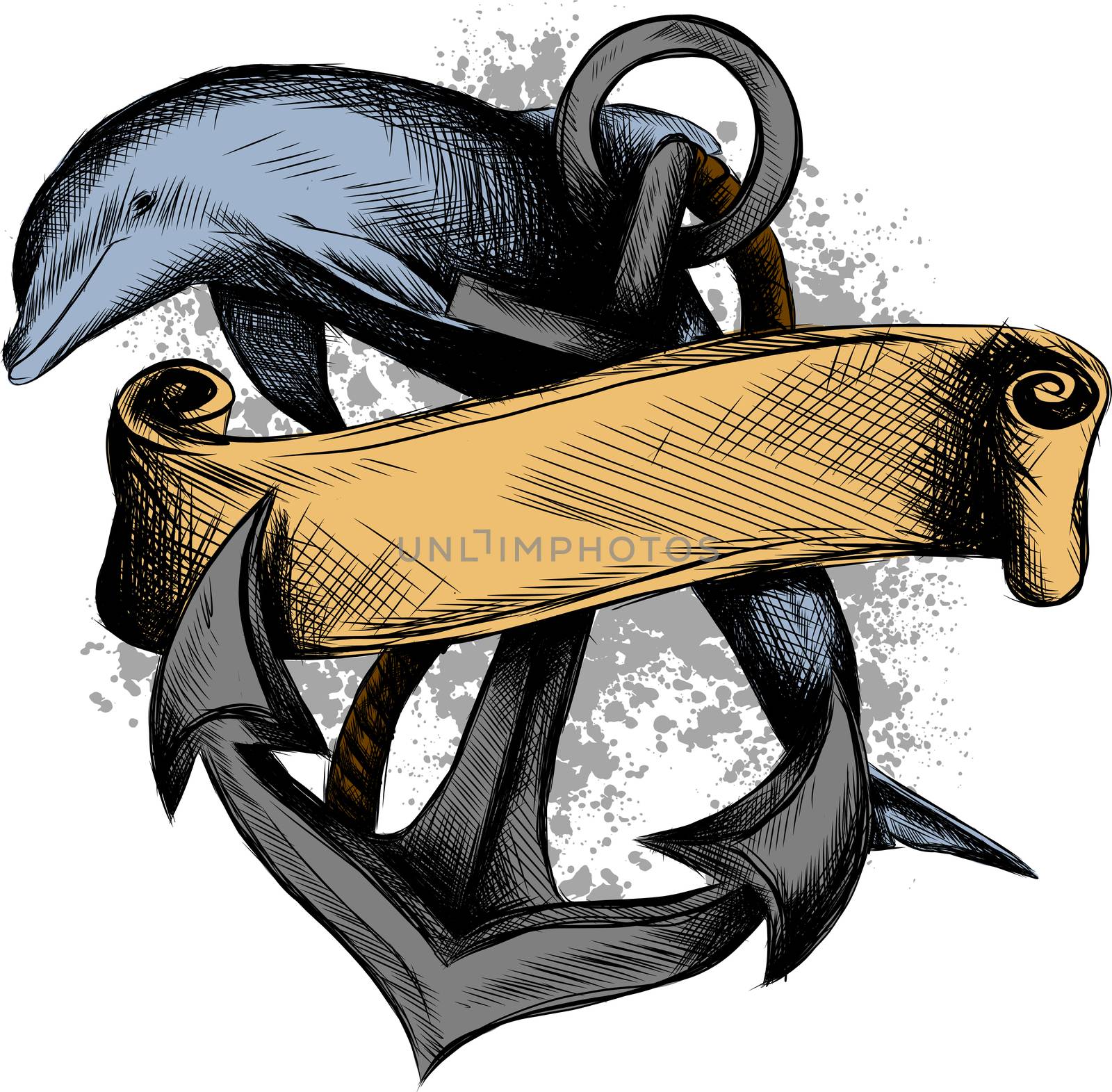 dolphin around an anchor with a rope, an ancient symbol of the sea, illustration by dean