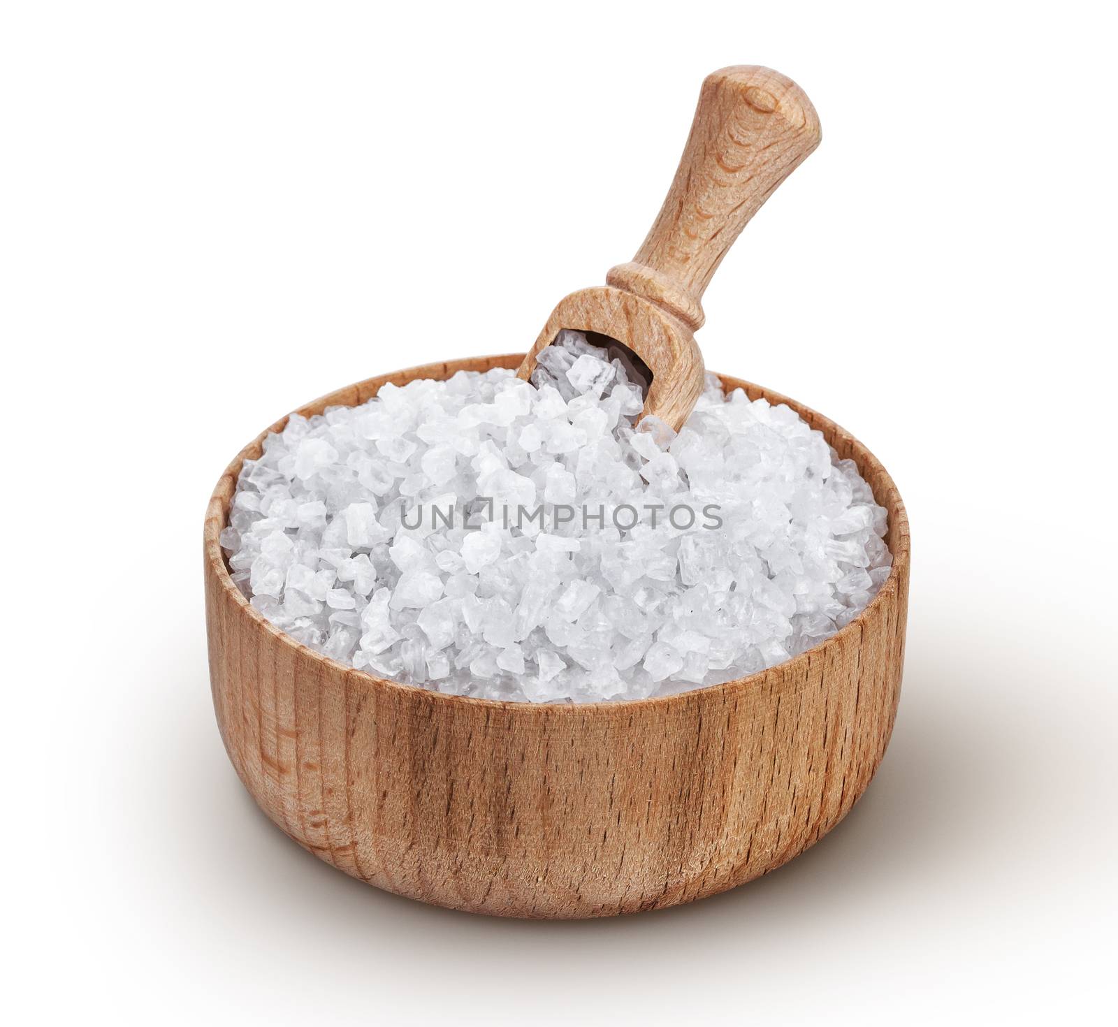 Sea salt in wooden bowl with scoop isolated on white background by xamtiw