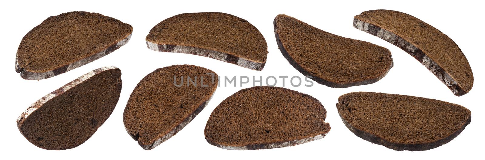 Slices of black rye bread isolated on white background by xamtiw