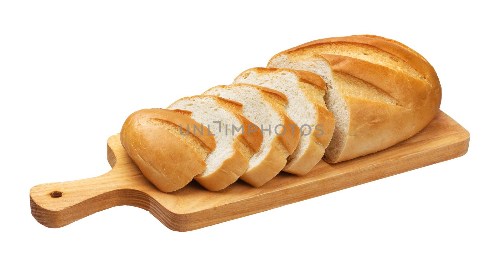 Sliced bread on wooden cutting board isolated on white background with clipping path