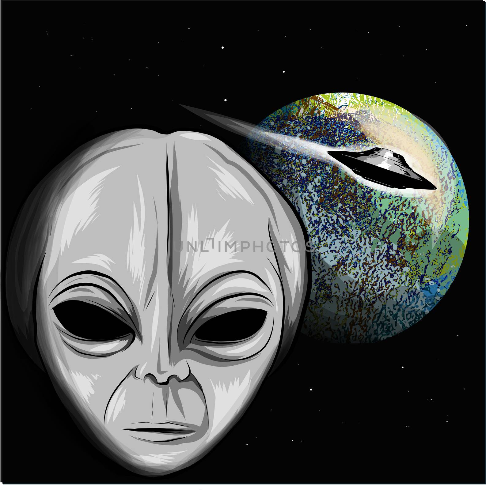 alien looking at the earth illustration with ufo by dean