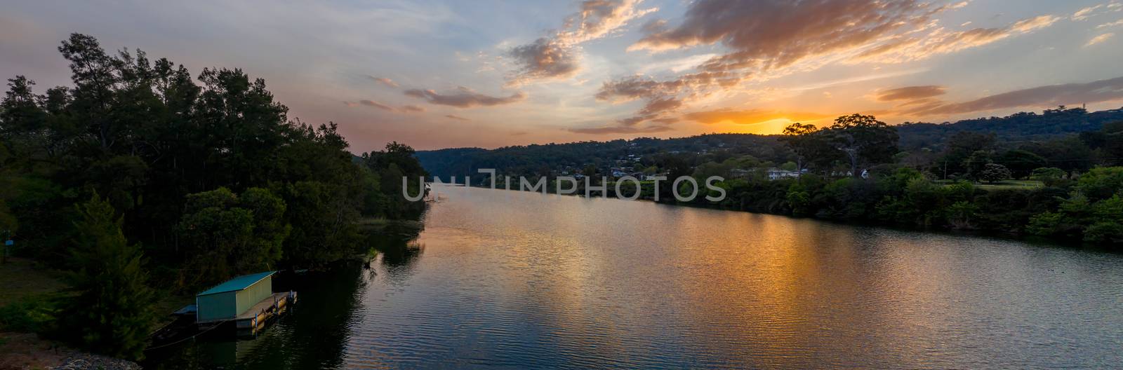 panoramic river views with pretty sky at sunset.  Location:  Nepean River, Australia
