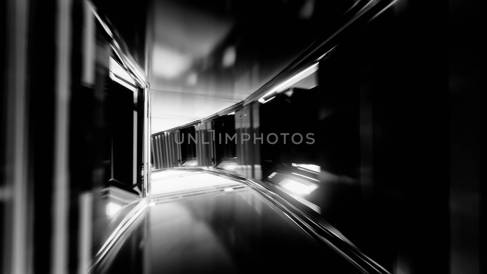 futuristic clean scifi glass tunnel corridor with glowing lights 3d illustration wallpaper background, future sci-fi glass room 3d rendering design