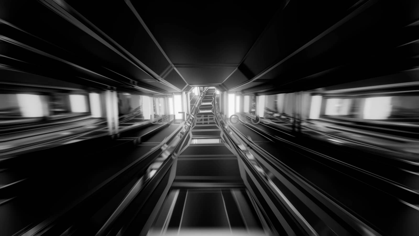 futuristic scifi space hangar tunnel corridor with glass windows 3d rendering background wallpaper, dark sci-fi room 3d illustration art design