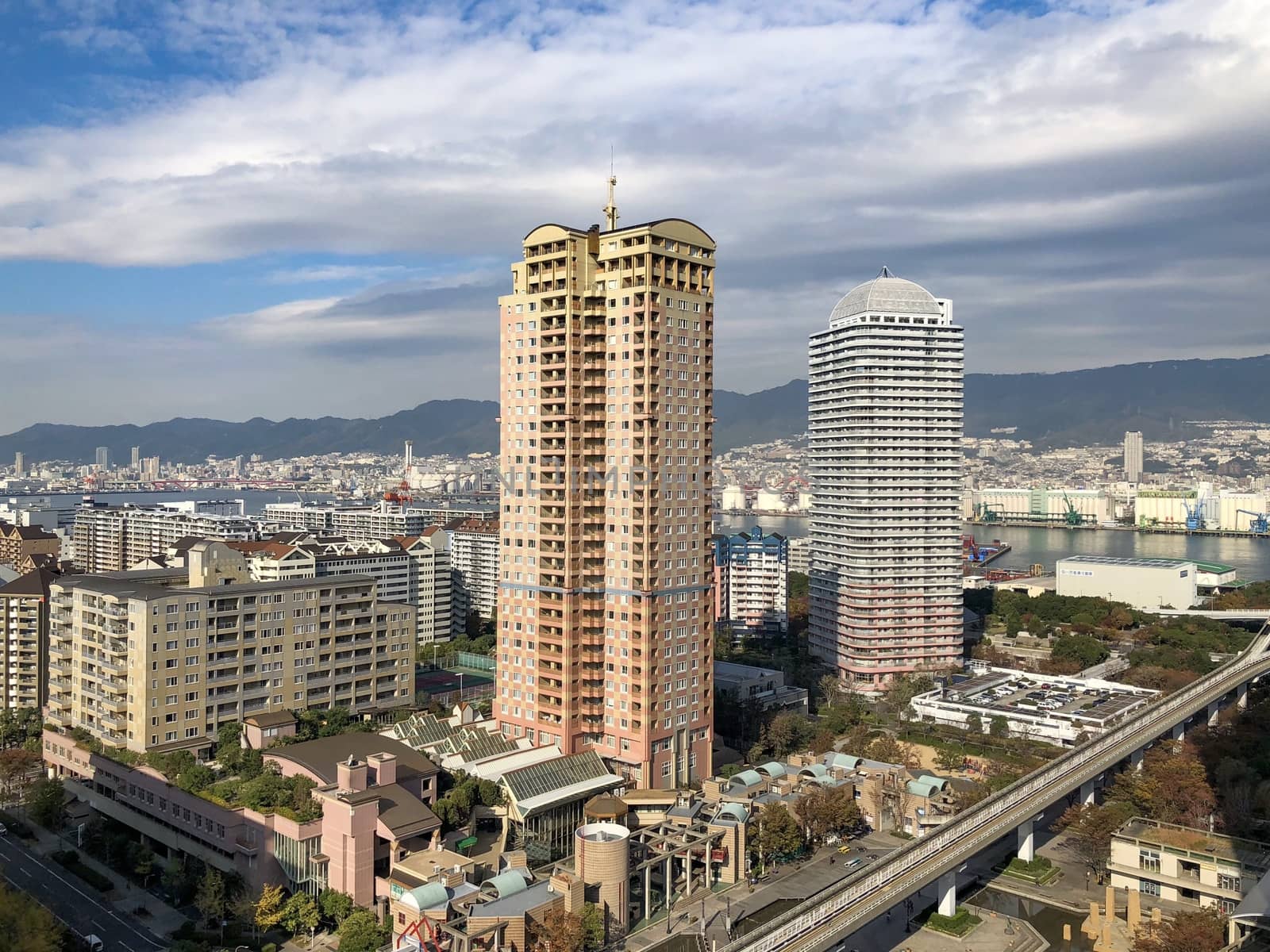 Aerial view of Kobe city from Rokko Island, Japan.