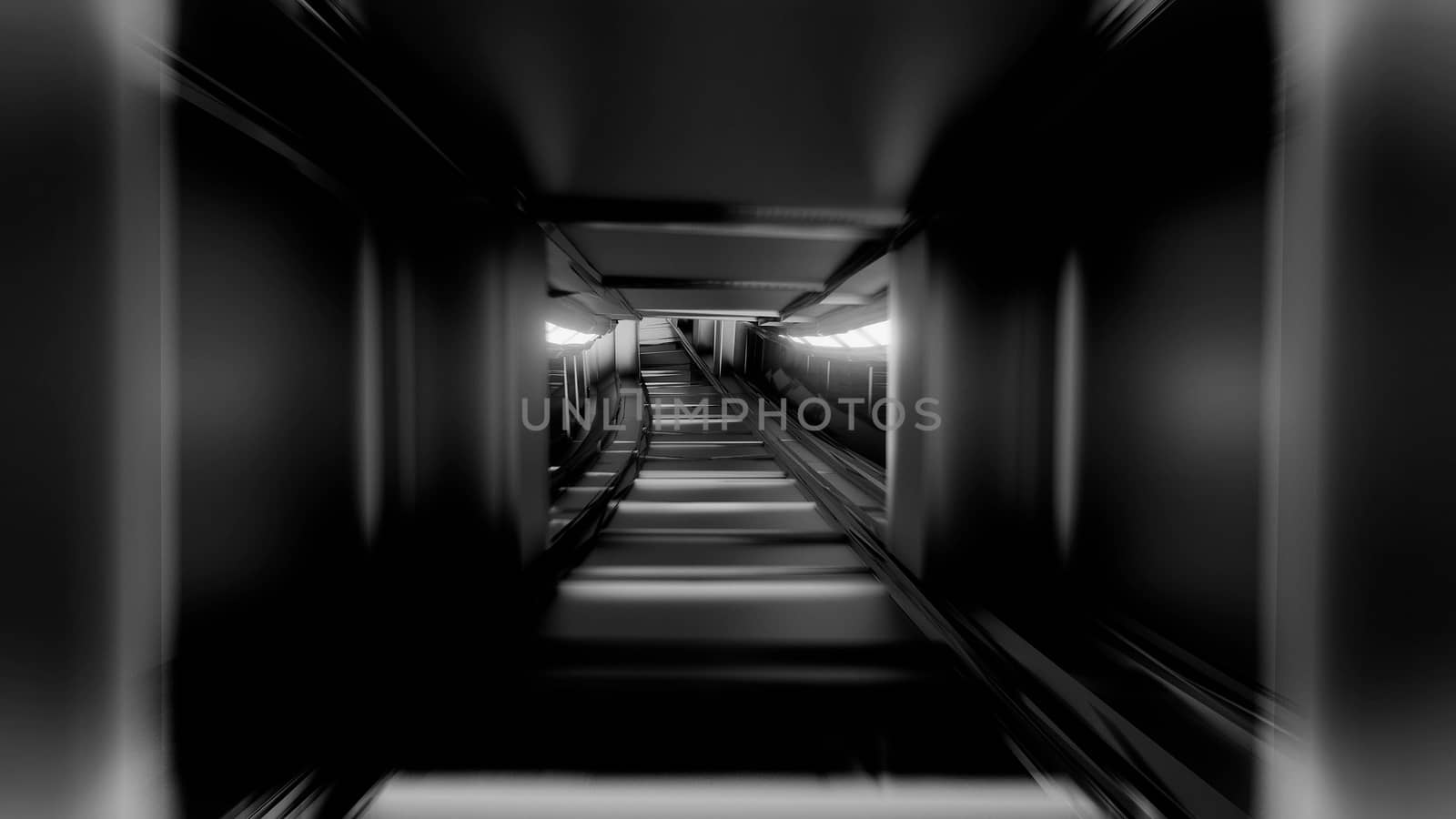 clean black and white tunnel corridor with glowing lights 3d illustration background wallpaper, futuristic sci-fi metal space tunnel 3d rendering design