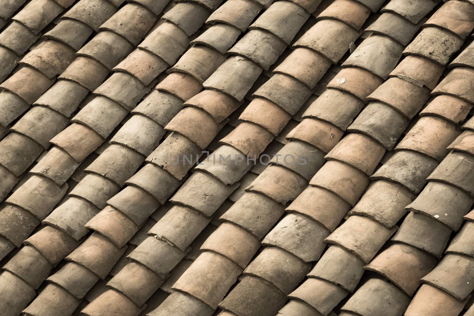 Vintage tone curved clay tiled roof in various colors from an old house in North Vietnam, late afternoon light. Ancient, weathered roofing surface, moss texture. Natural seamless pattern background