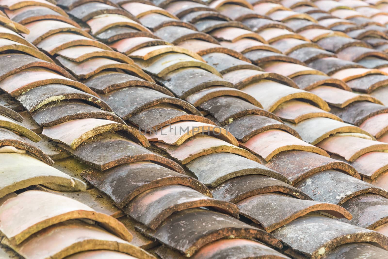 Colorful curved clay tiled roof from ancient house in the North Vietnam by trongnguyen