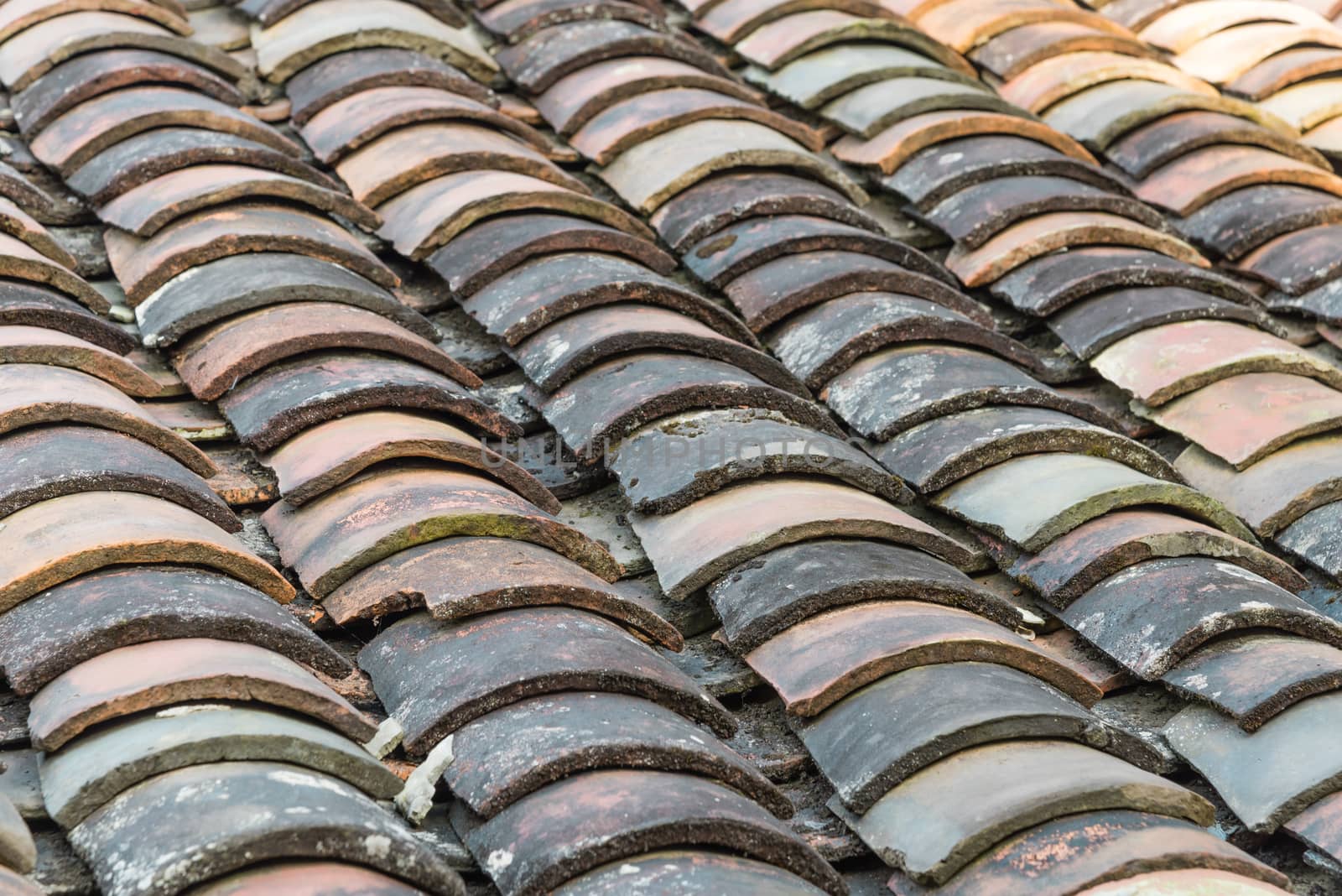 Close-up view curved clay tiled roof in various colors from an old house in North Vietnam, late afternoon light. Ancient, weathered roof tile surface, moss texture. Natural seamless pattern background