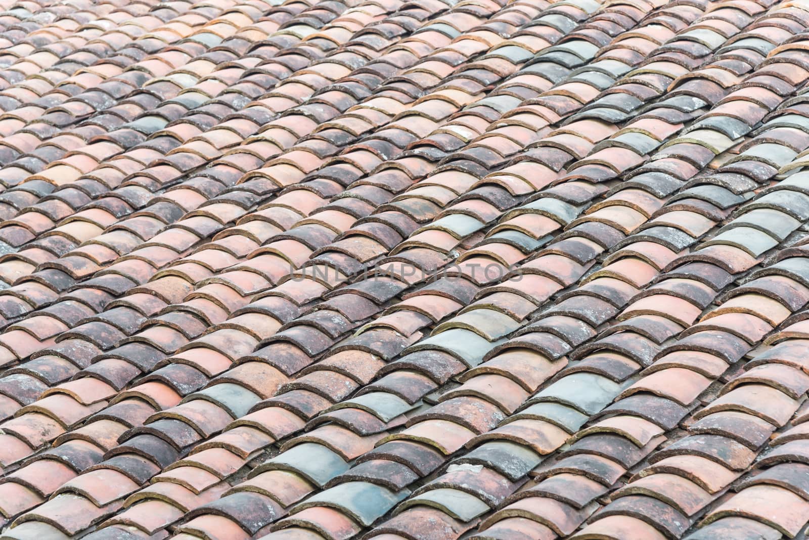 Close-up view curved clay tiled roof in various colors from an old house in North Vietnam, late afternoon light. Ancient, weathered roof tile surface, moss texture. Natural seamless pattern background