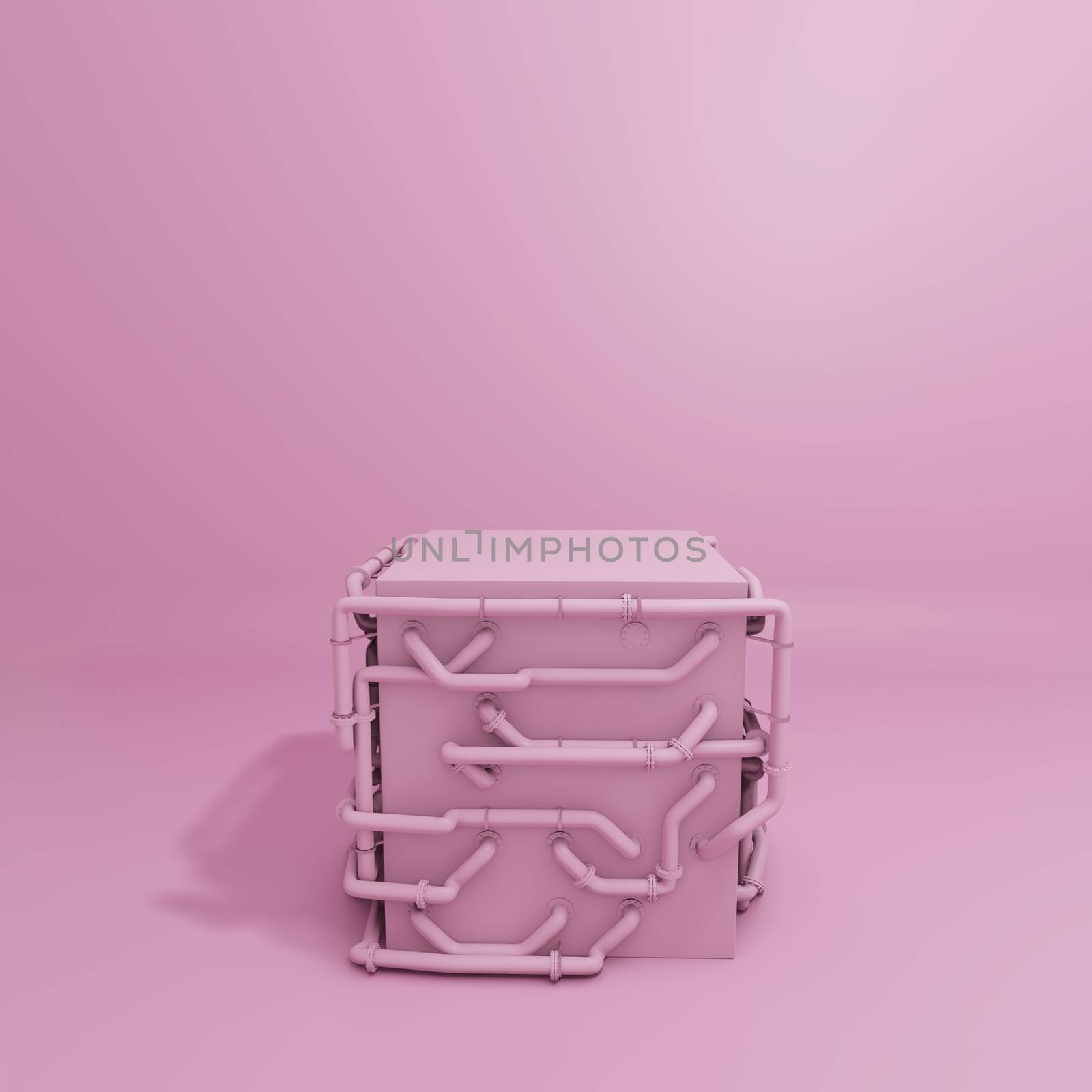 Pink Pastel Product Box Stand With Pipes. 3D Rendering. Beauty Industrial Concept