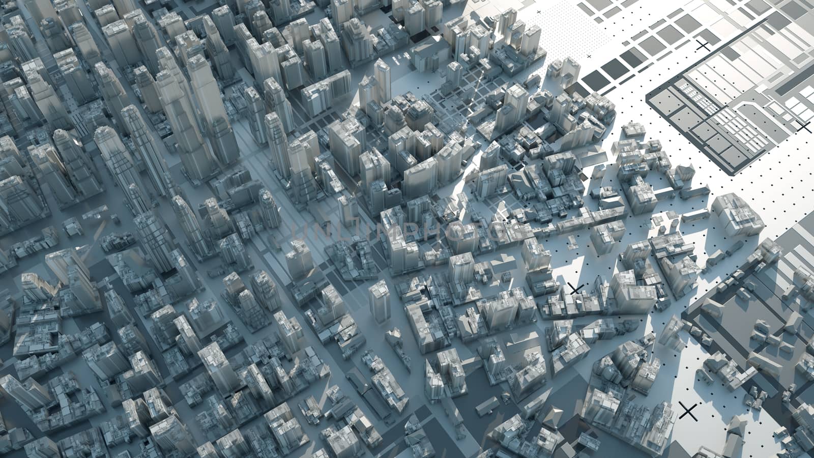 Abstract Modern White City on Technology Surface, aerial view. 3D illustration