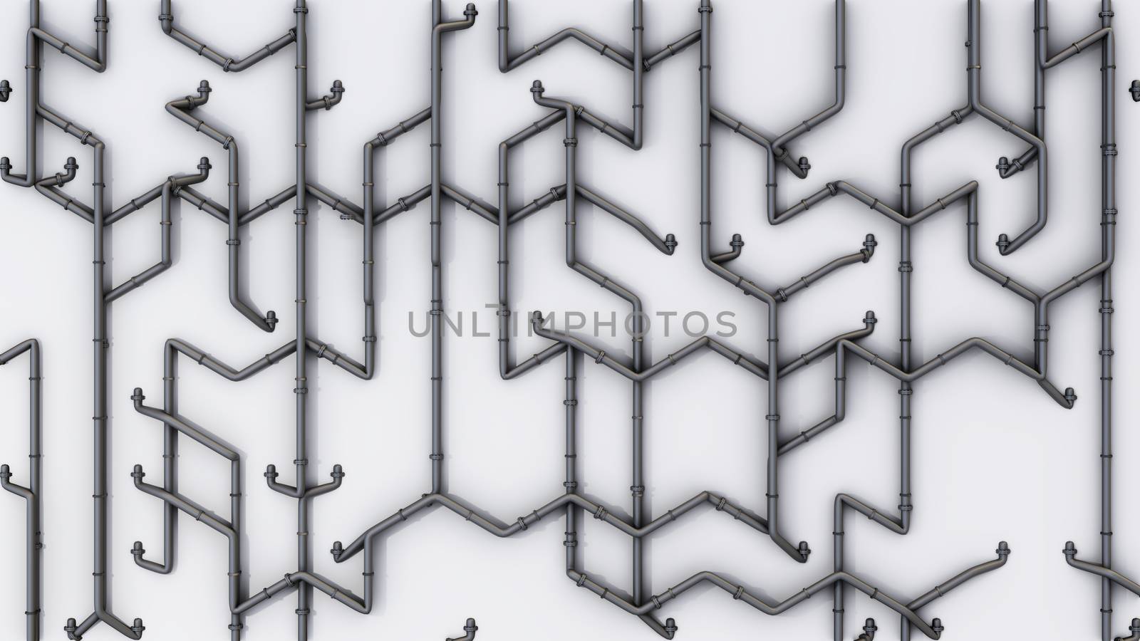 Pipeline Plumbing system on white wall. 3D illustration