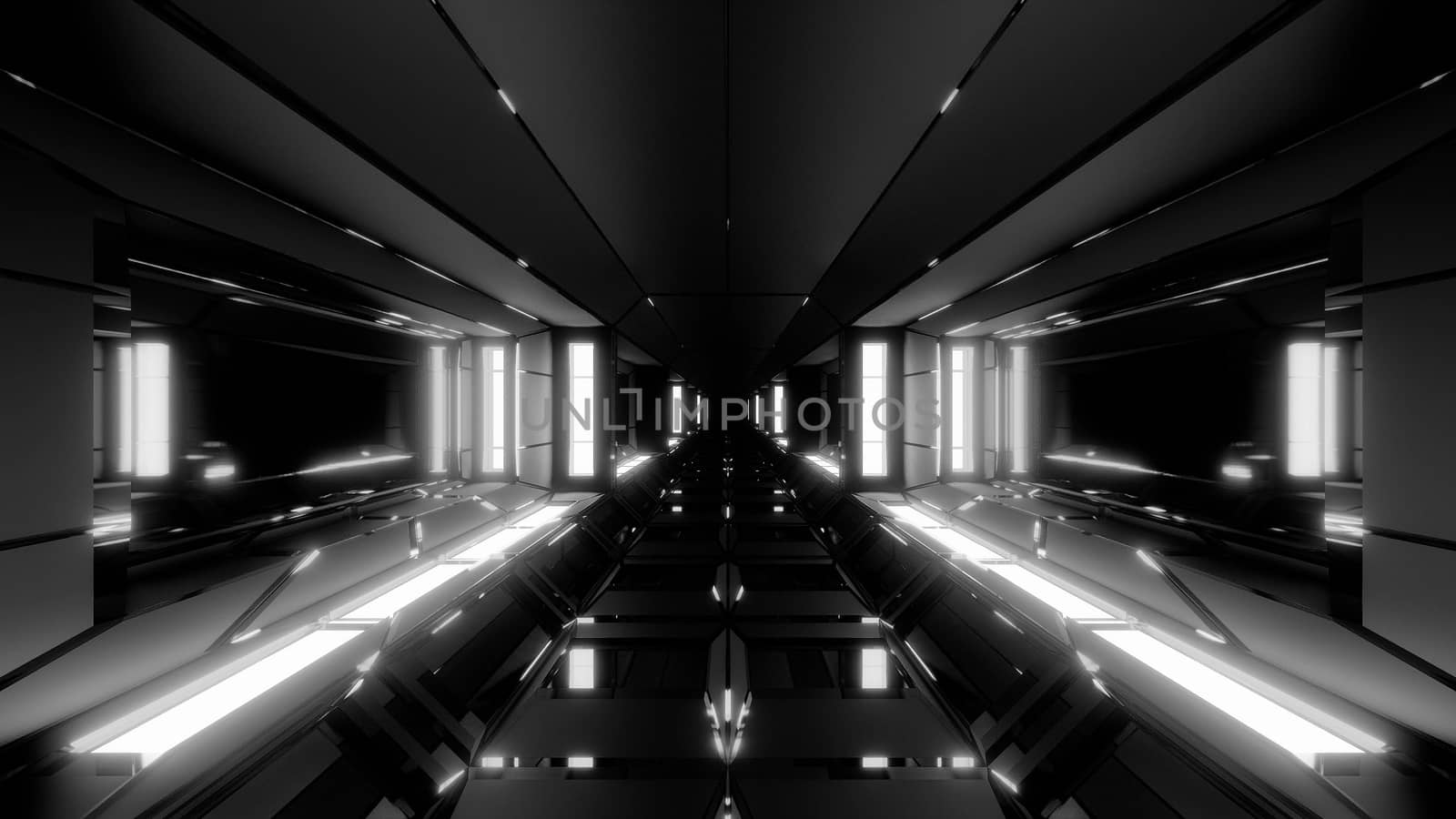 futuristic scifi space hangar tunnel corridor with glowing lights and reflections 3d illustration 3d rendering wallpaper background by tunnelmotions