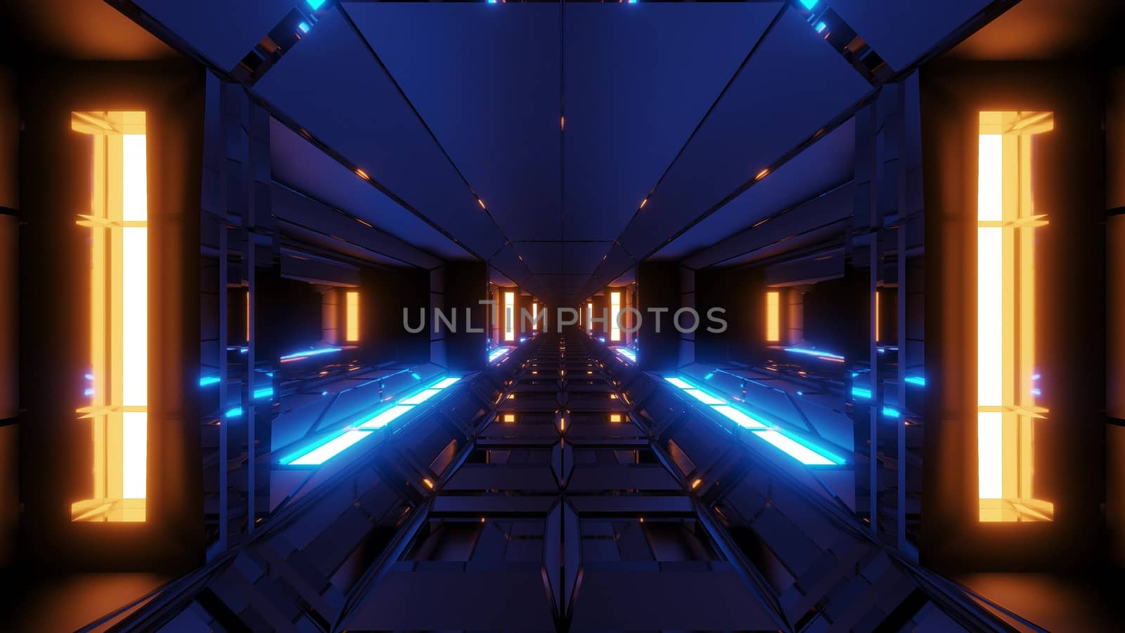 futuristic scifi space hangar tunnel corridor with glowing lights and reflections 3d illustration 3d rendering wallpaper background by tunnelmotions