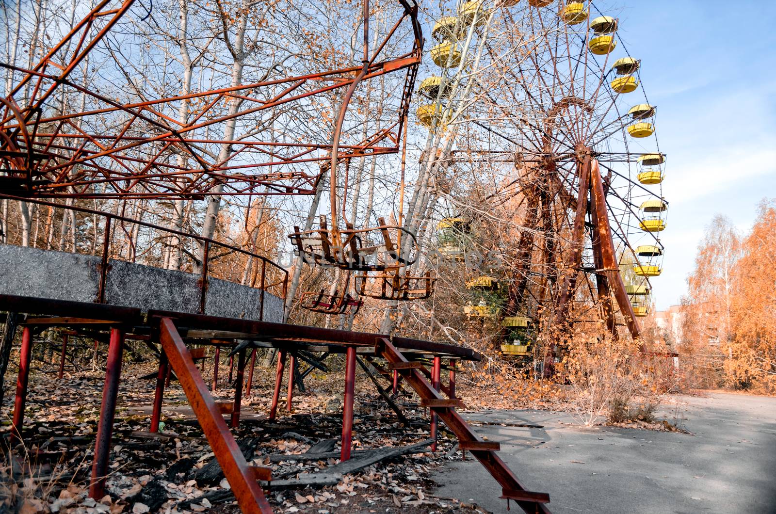 carousel wheel in an abandoned amusement park in Chernobyl Ukraine in autumn