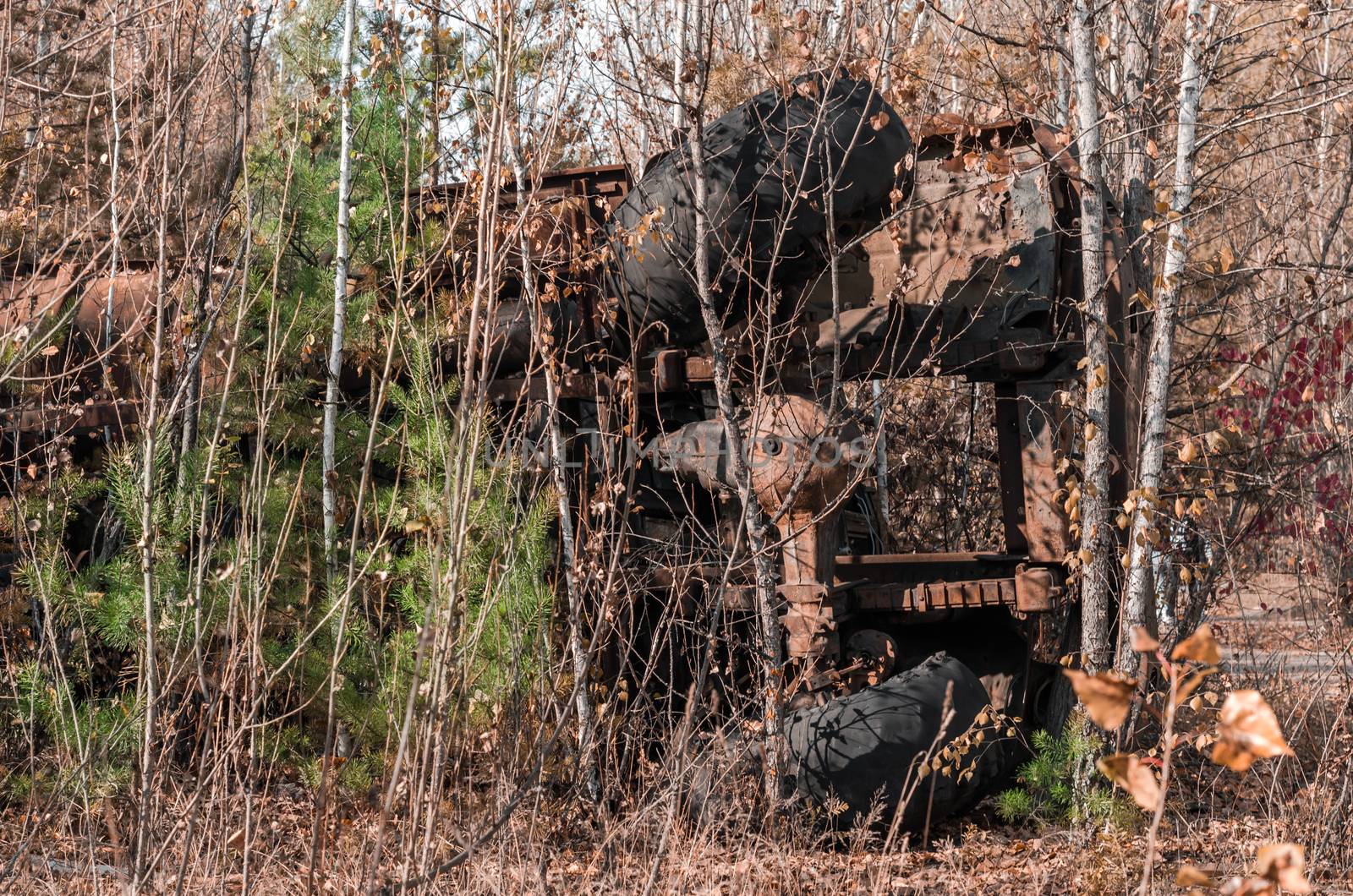 abandoned broken equipment car in the Chernobyl forest Ukraine in autumn