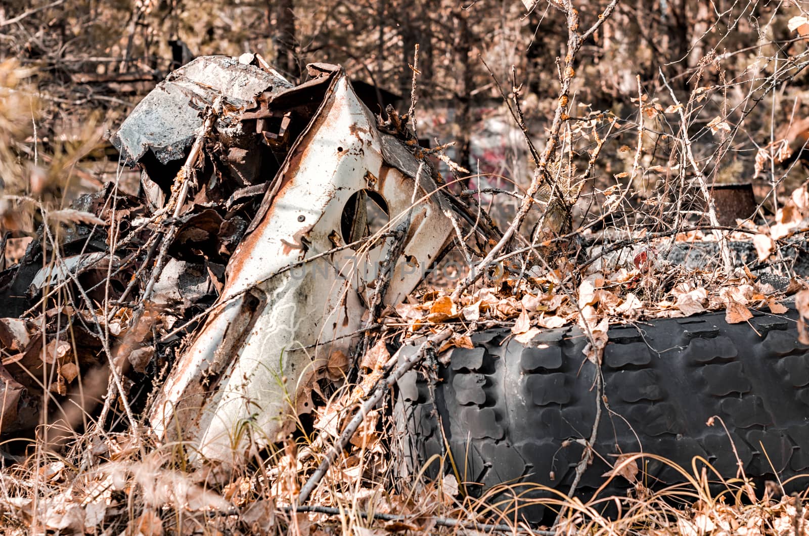 equipment dump in the forest in Chernobyl Ukraine in autumn