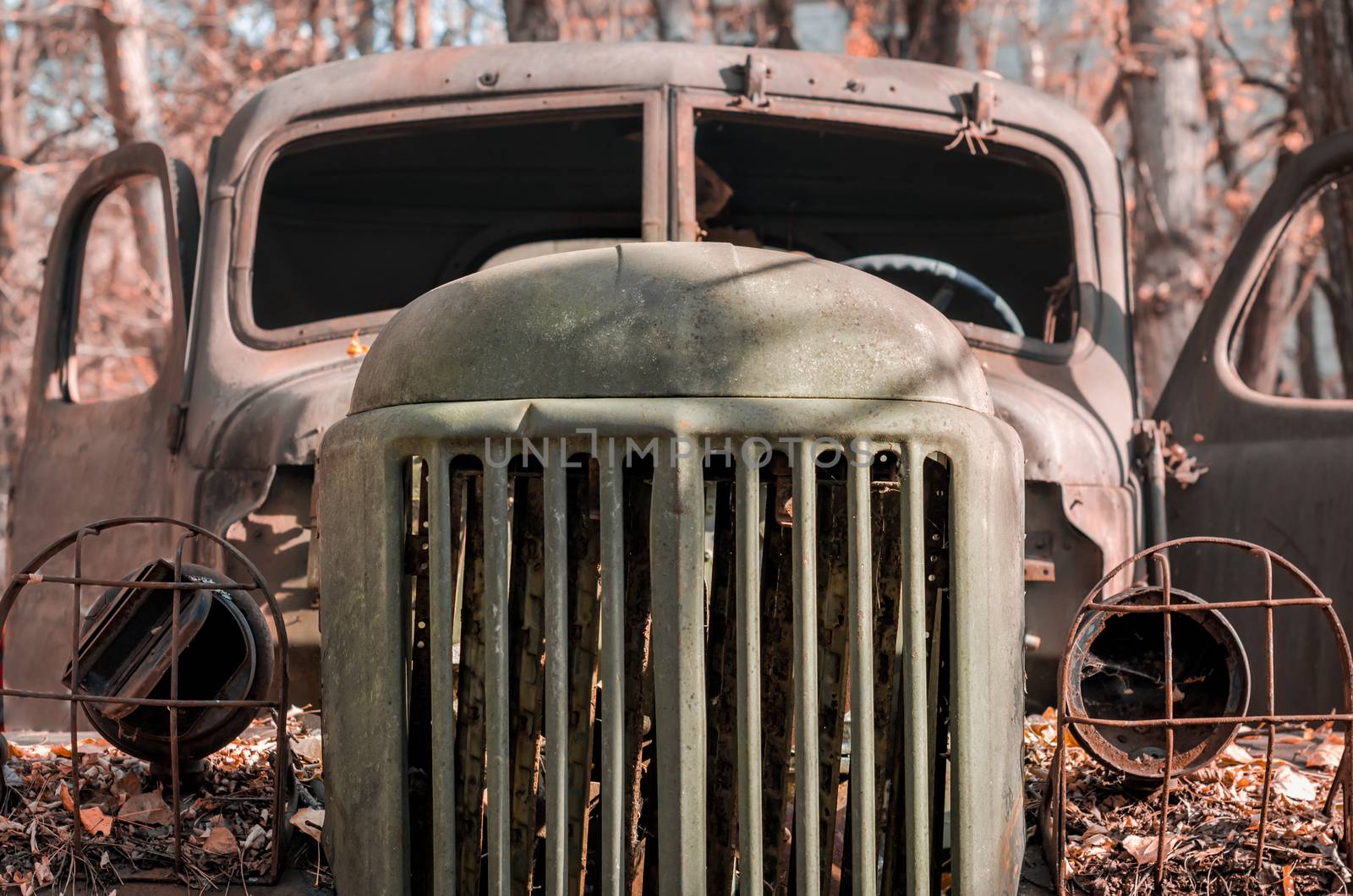 cabin of a rusty military army truck in the Chernobyl forest Ukraine close up