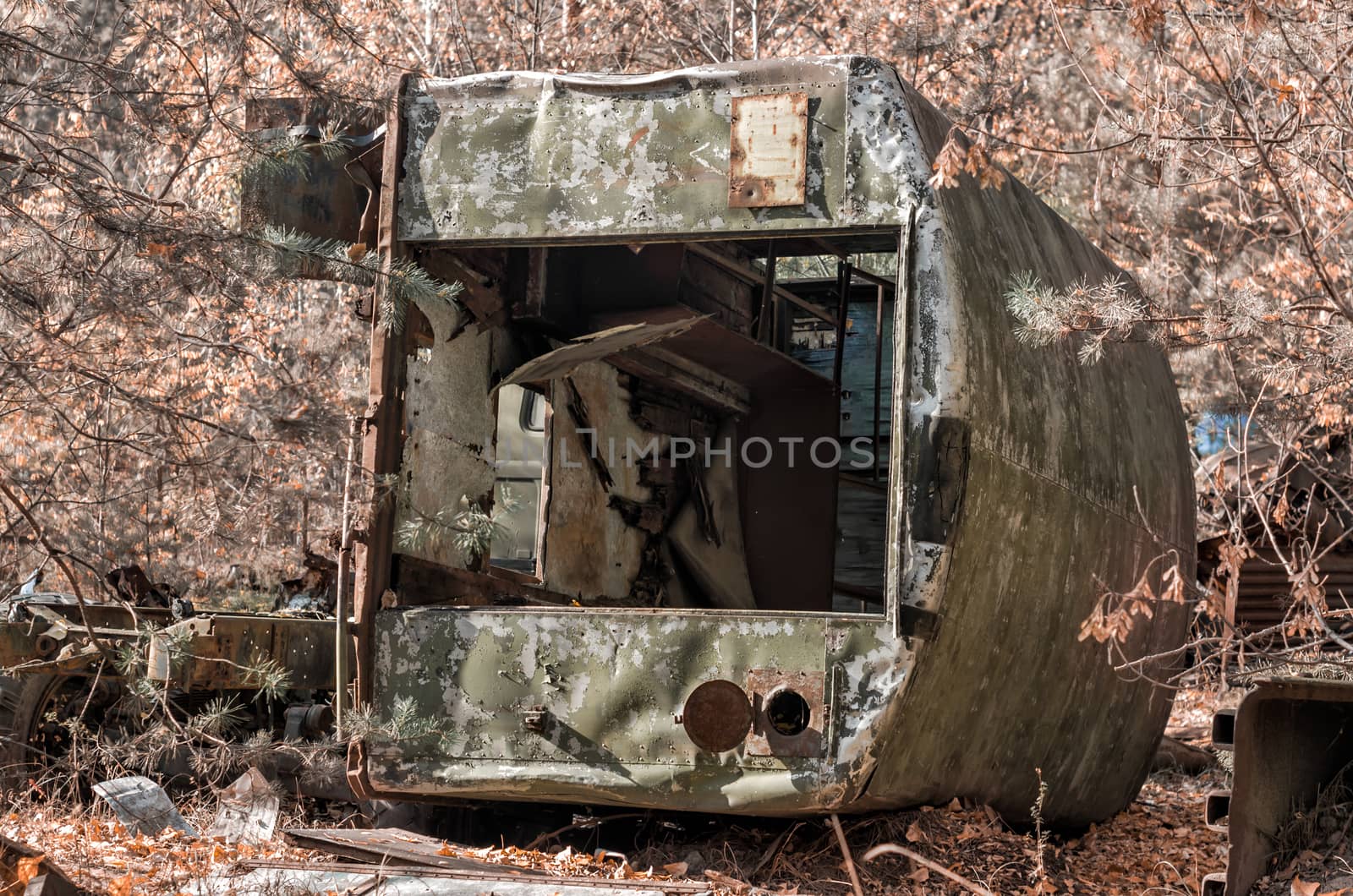 broken army truck in the Chernobyl forest Ukraine
