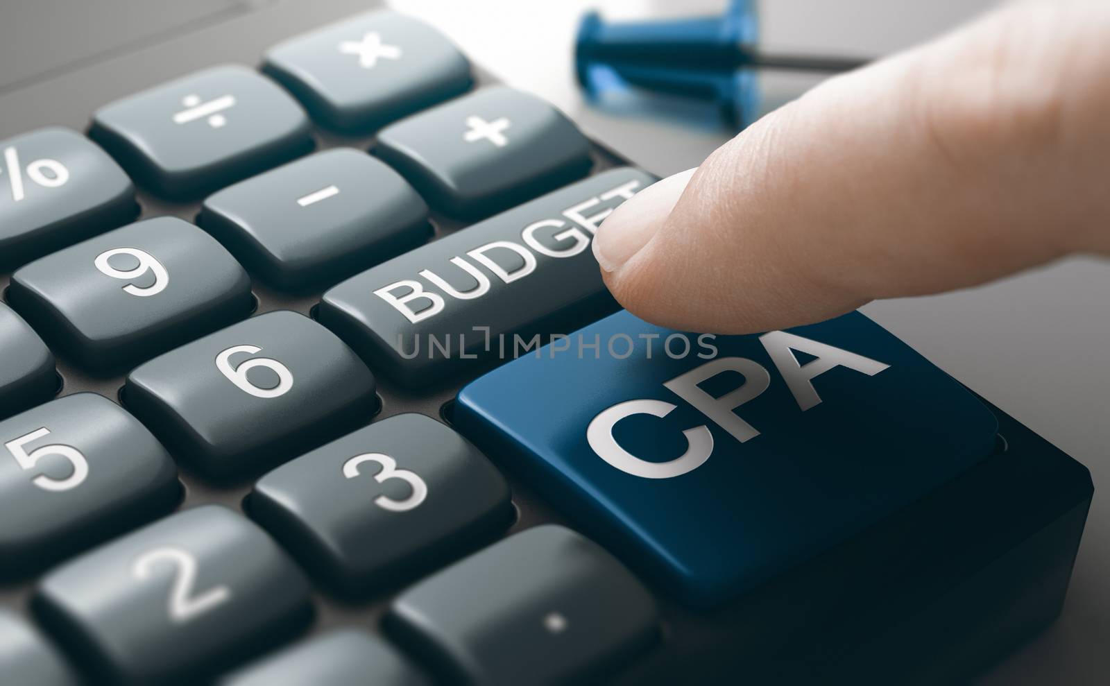 Finger pushing a conceptual calculator button to calculate marketing campaign budget and cpa (cost per action or acquisition). Composite image between a hand photography and a 3D background.