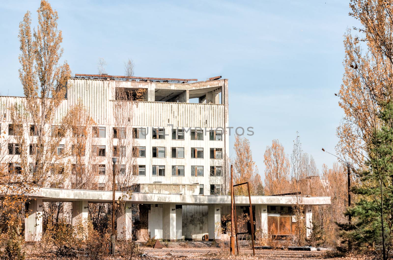 empty old hotel on the street of the abandoned city Chernobyl Ukraine in autumn