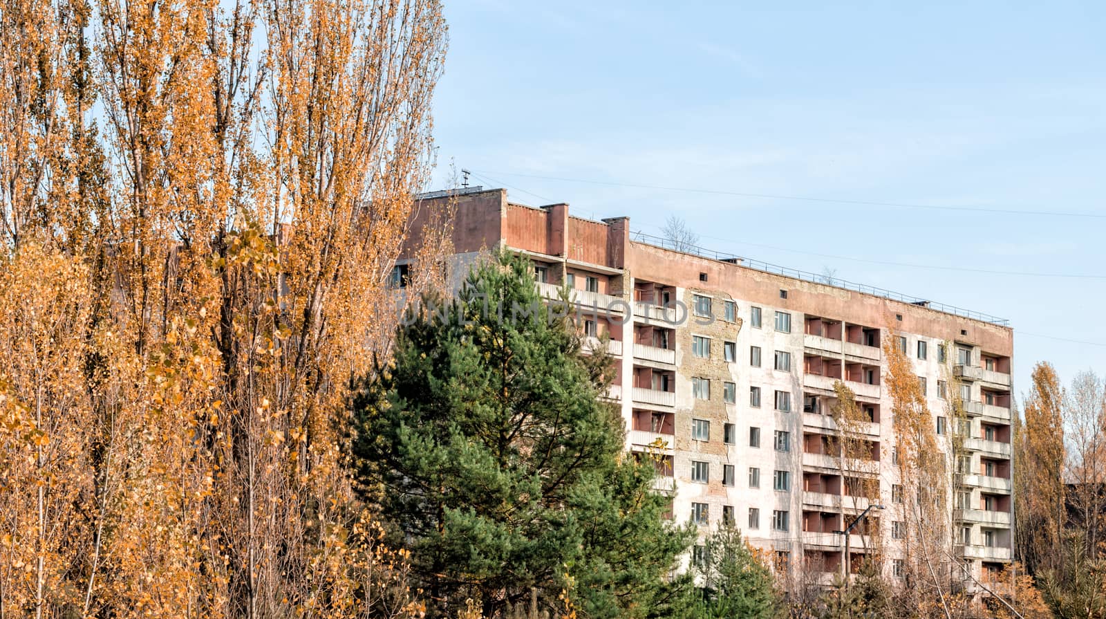 old empty big house on the street of the abandoned city Chernobyl Ukraine in autumn