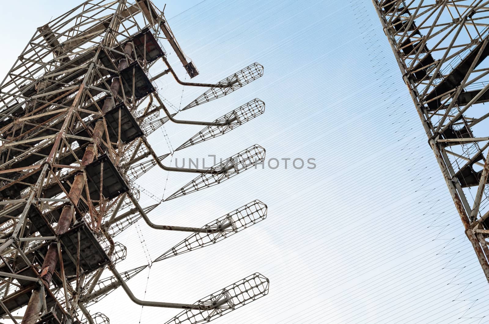 large high secret army military radar against the blue sky in Chernobyl Ukraine