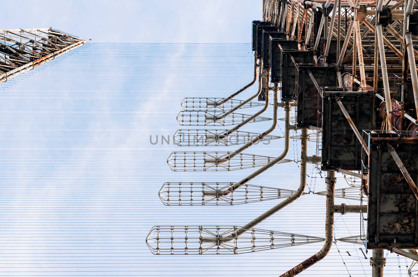 old secret army soviet radar on a background of blue sky and clouds in Chernobyl Ukraine