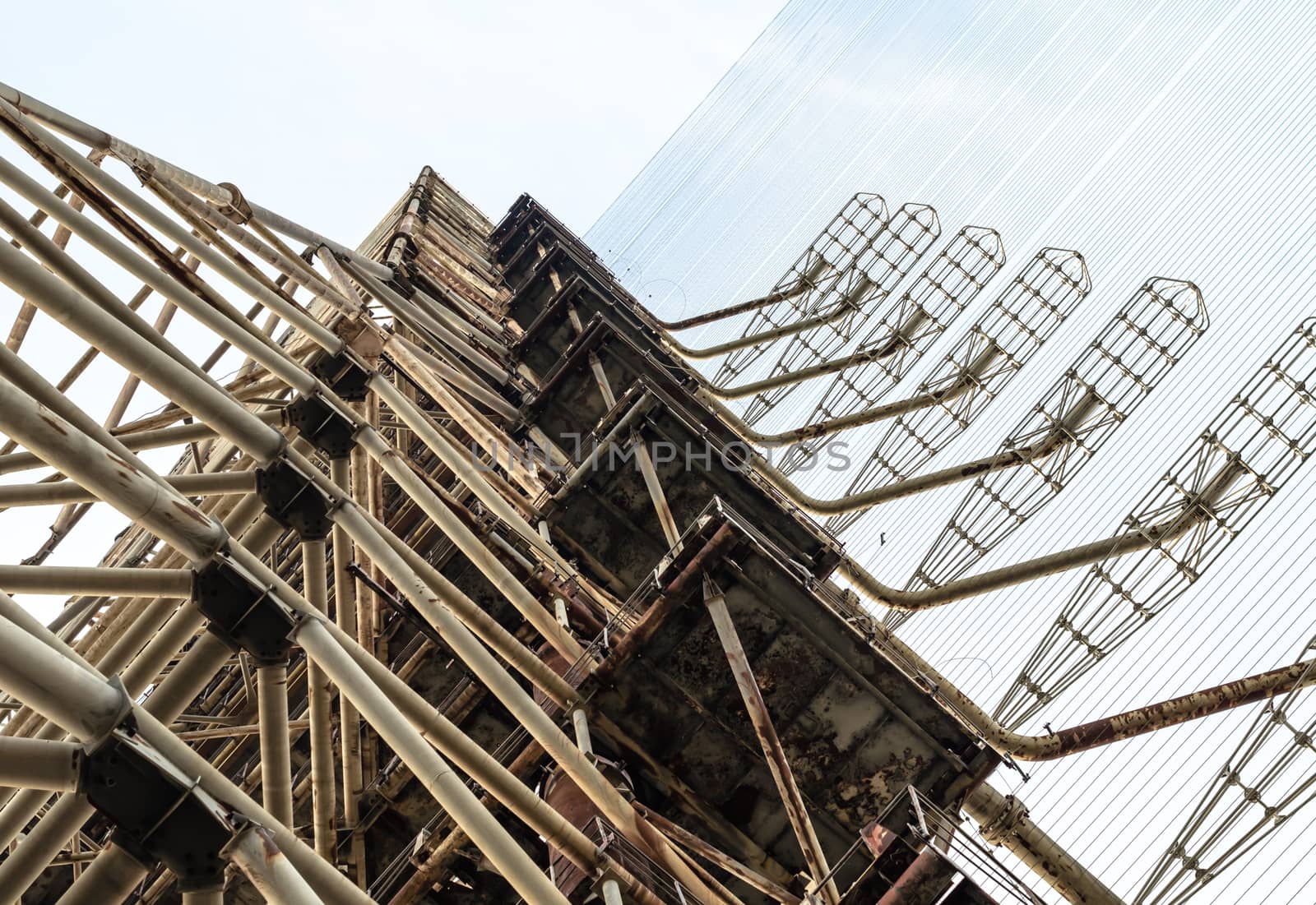 huge high secret army military antenna against the blue sky in Chernobyl Ukraine