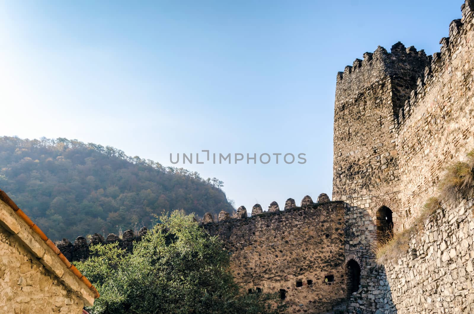 tower and walls of the old fortress Ananuri on the background of mountains with forest in Georgia in autumn