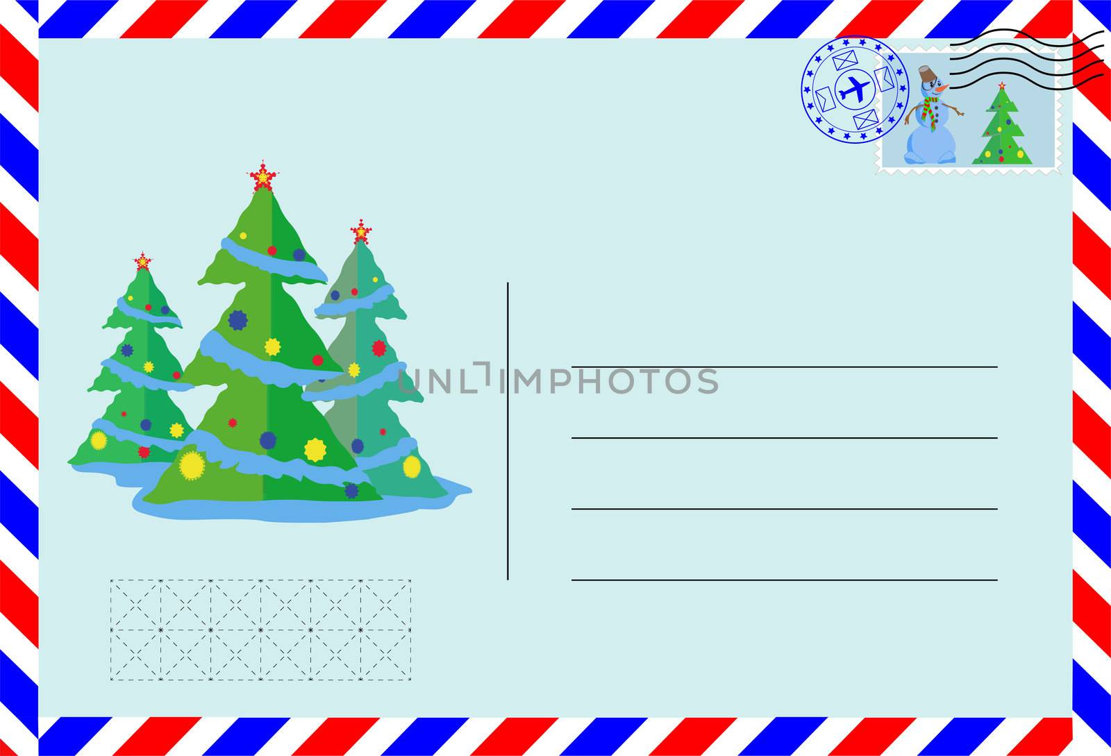 Air envelope with postage stamp and pattern of Christmas trees. by Igor2006