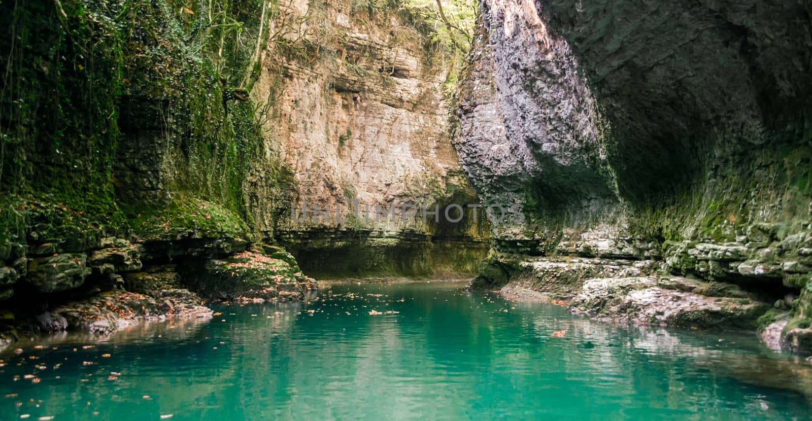 Martvili canyon with rocks with green plants and a river in Georgia excursion in autumn