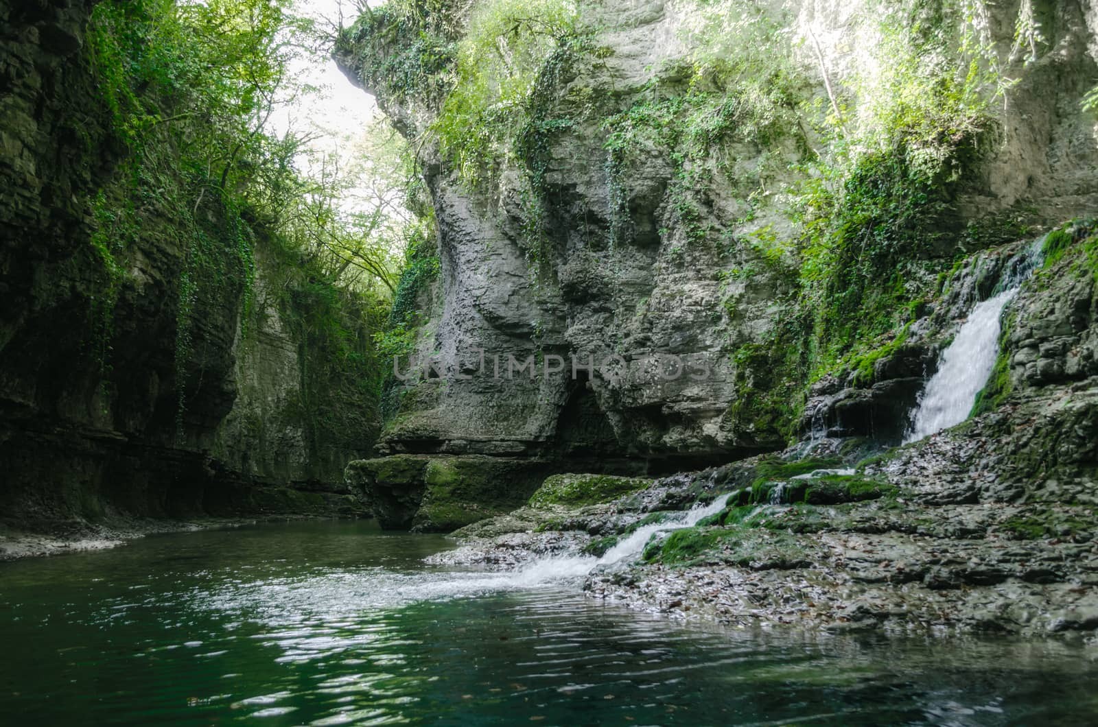 mountain river and stream among high stone cliffs with green plants in Martville Canyon in Georgia in autumn